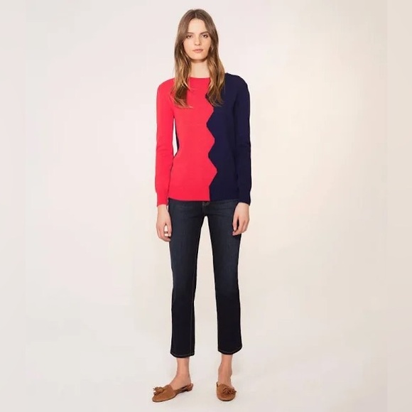 Tory Burch $248 Navy Blue & Red Coral Fleet Sweater Sz Small - Great condition! - Picture 1 of 11